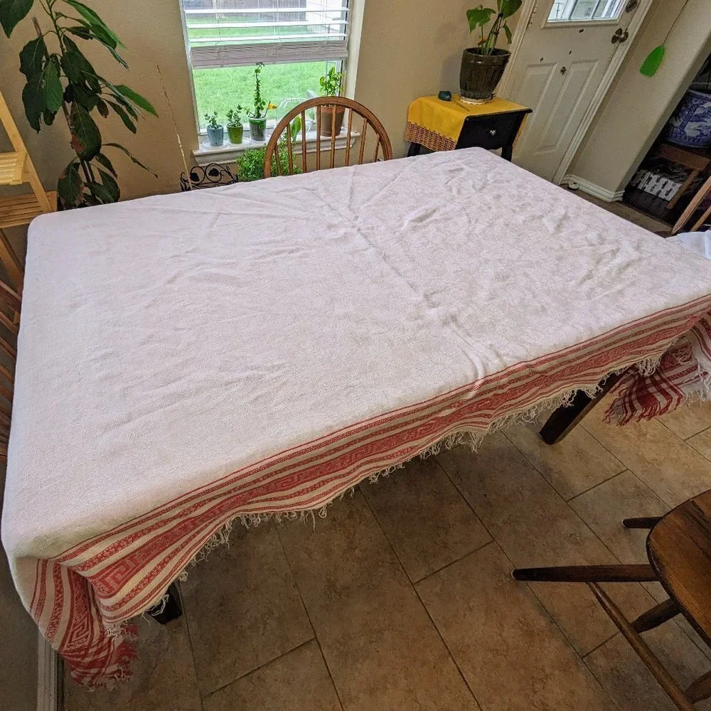 White & Red Linen Fringe Vintage Tablecloth